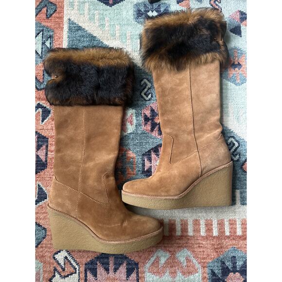 UGG Valberg Tall Wedge Boots Chestnut Suede Toscana Sheepskin Fur 7.5 - Picture 2 of 8